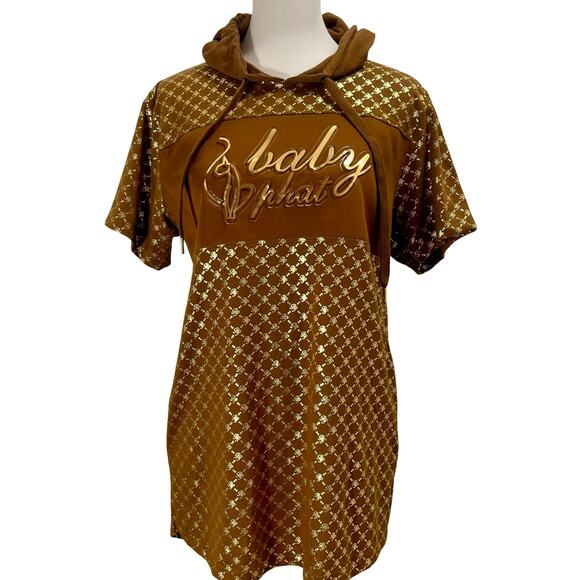 Vintage Y2K Baby Phat Gold Logo Short Sleeve Hoodie T-Shirt Gold Brown - Medium - Picture 1 of 10